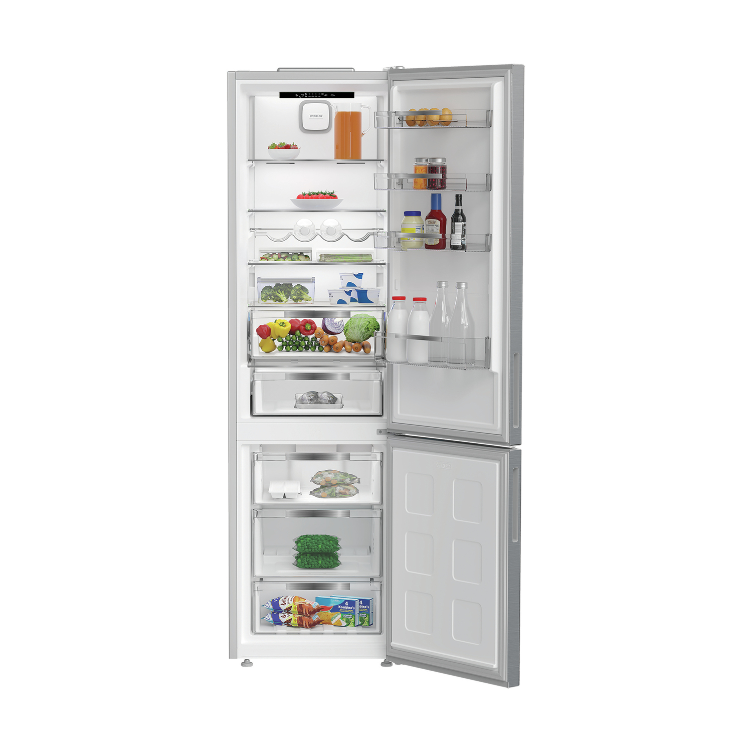 Frigorifero aperto con alimenti. Frutta, verdura, succo, bottiglie e barattoli sono visibili. La porta è aperta, mostrando l'interno.