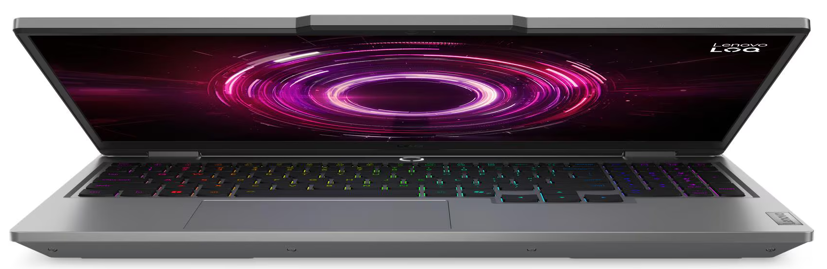 Nyitott Lenovo laptop élénk képernyővel, amely lila és rózsaszín grafikát jelenít meg. A billentyűzet gombjai világítanak.