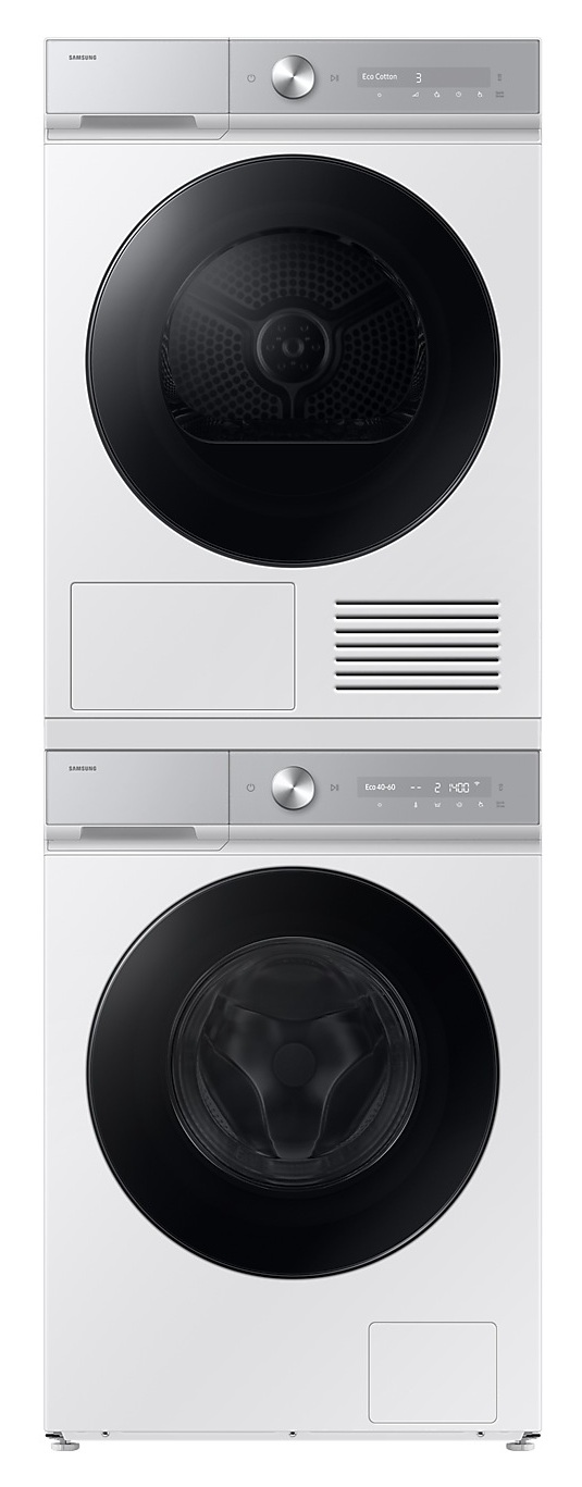 Staplowane białe pralki i suszarki Samsung. Każde urządzenie ma czarne drzwi i srebrny panel sterowania.