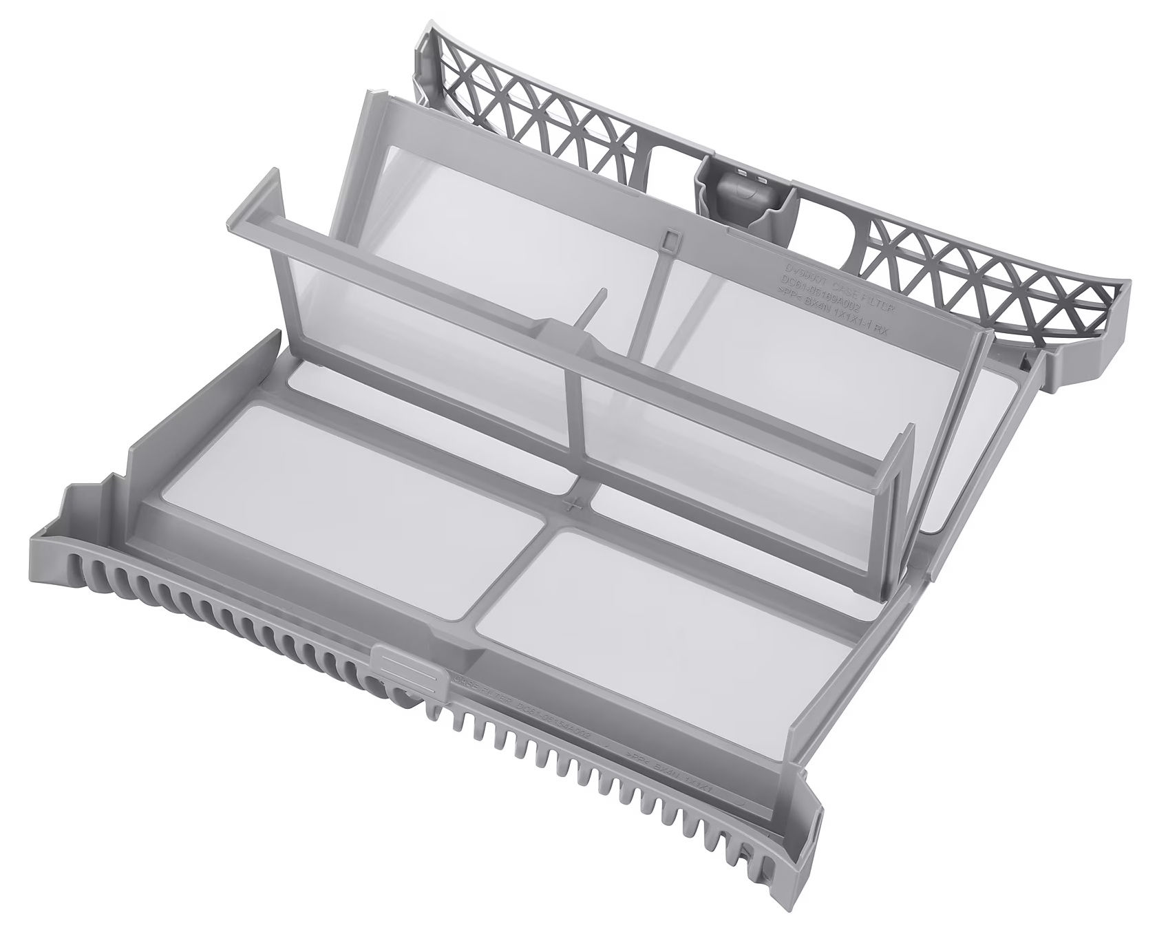 Szary filtr powietrza z wieloma warstwami siatki, z szczegółowym widokiem na strukturę na białym tle.