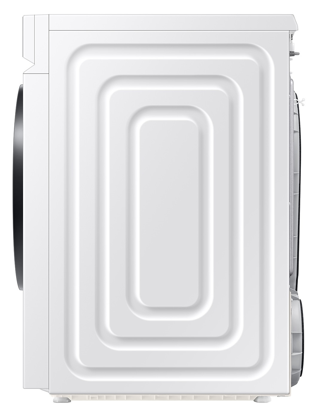 Widok z boku białej pralki. Tylny panel ma zagłębiony prostokątny wzór. Widoczny bęben i podstawa.