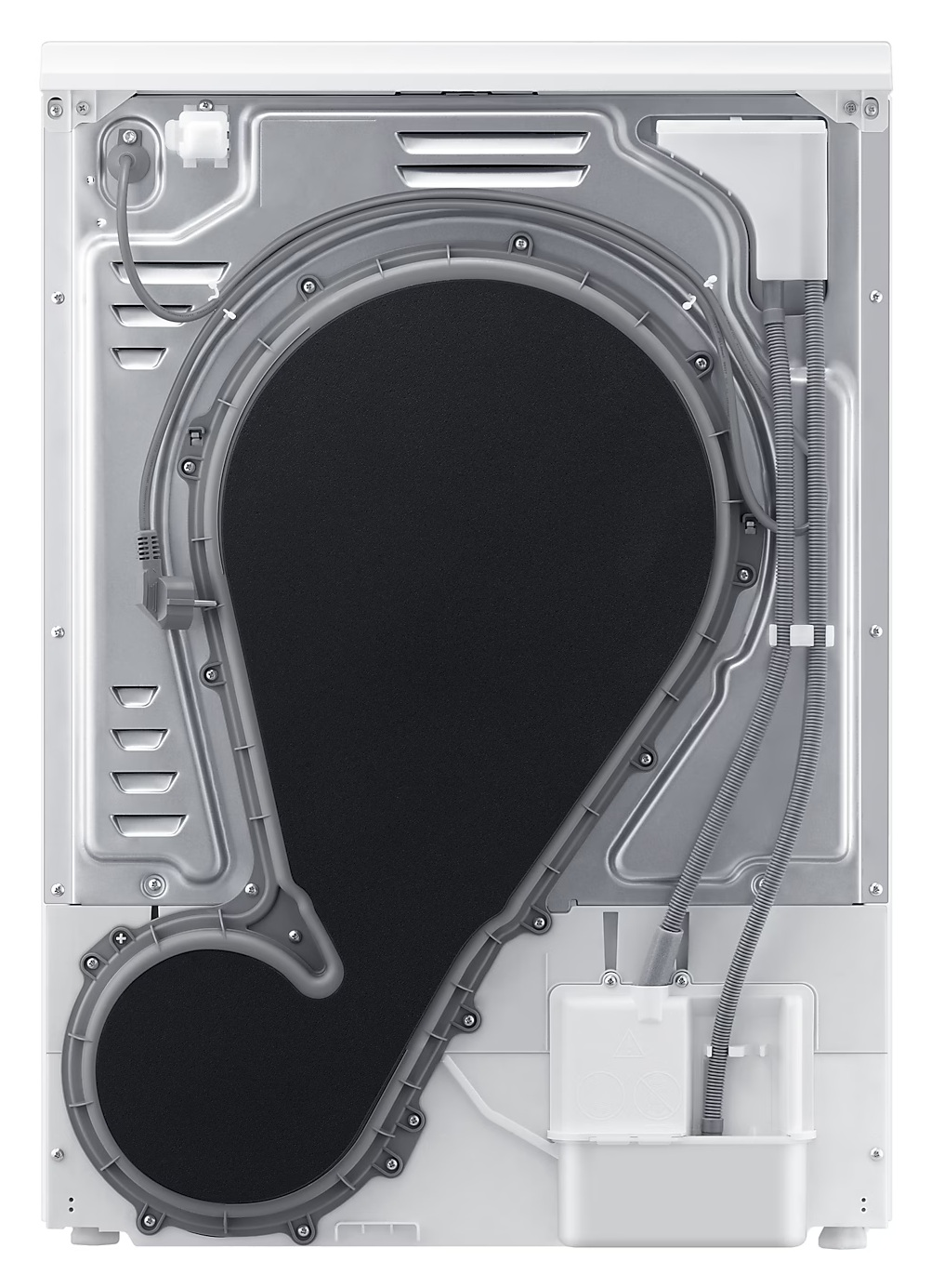 Widok z tyłu wnętrza białej suszarki. Posiada duży czarny filtr, szarą plastikową ramę i różne elementy.