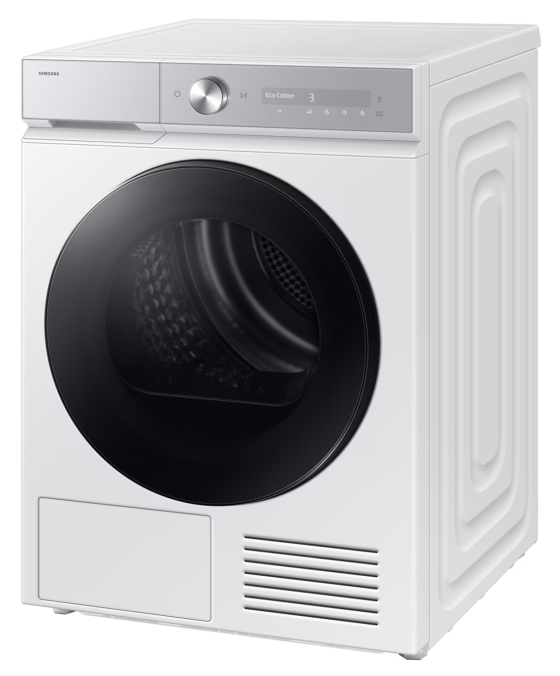 Biała suszarka Samsung z czarnymi drzwiami. Posiada panel sterowania i wyświetlacz cyfrowy. Suszarka stoi na białym tle.