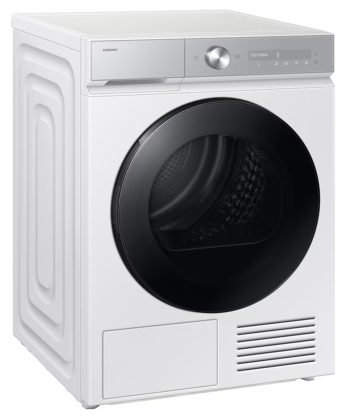 Biała suszarka Samsung z czarnymi drzwiami. Posiada panel sterowania z przyciskami i cyfrowy wyświetlacz.