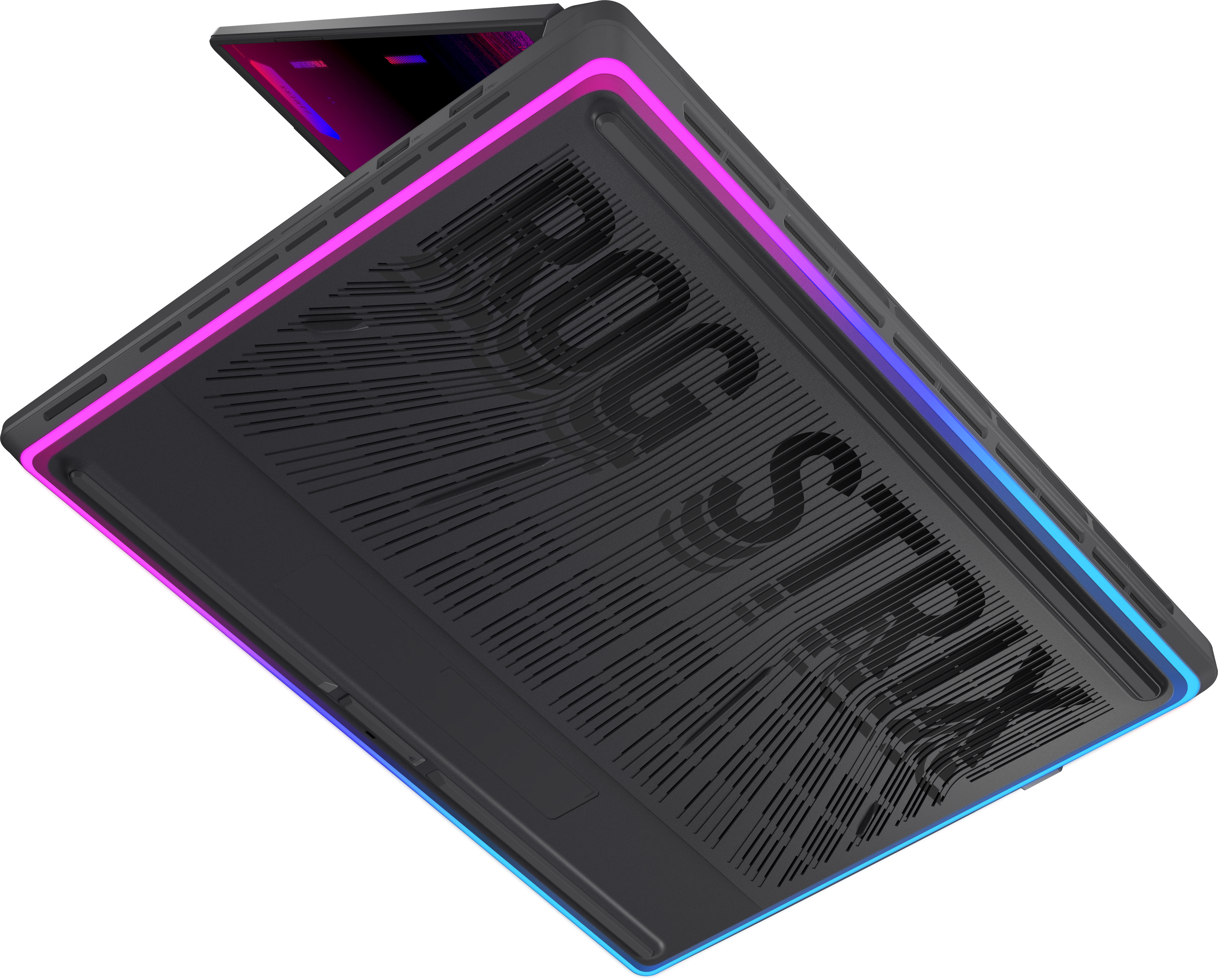 Fekete laptop, ROG STRIX logóval, színes LED-es lámpákkal. A képernyő nyitva van, élénk kijelzőt mutat.