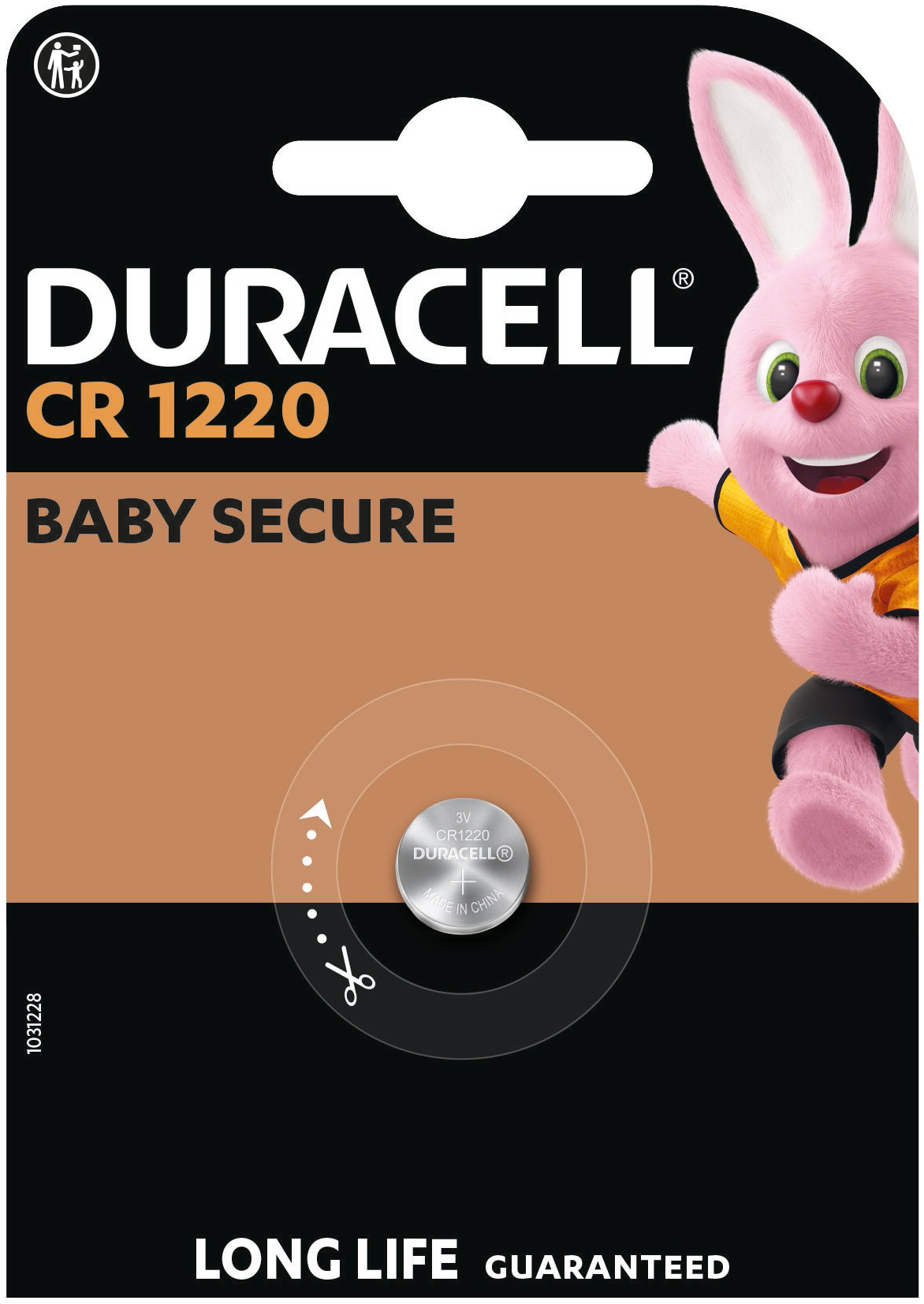 Duracell CR 1220 akkumulátorcsomag rózsaszín nyuszi kabalával. A szöveg a 'Baby Secure' és a 'Long Life Guaranteed' szavakat tartalmazza.