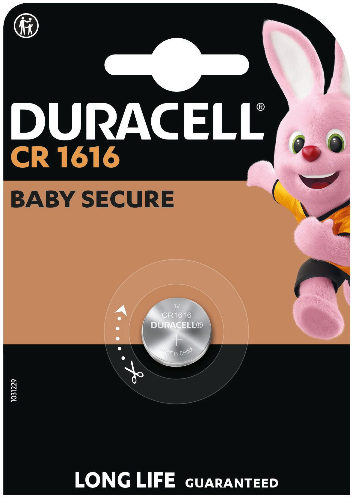 Duracell CR 1616 elemkészlet rózsaszín nyuszi figurával. A szöveg szerint: 'Baby Secure' és 'Long Life Guaranteed'.