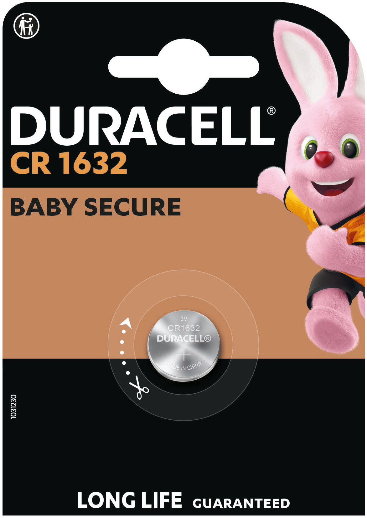 Duracell CR1632 akkumulátorcsomag rózsaszín nyuszi kabalával. A csomagoláson a felirat: 'Baby Secure' és 'Long Life Guaranteed'.