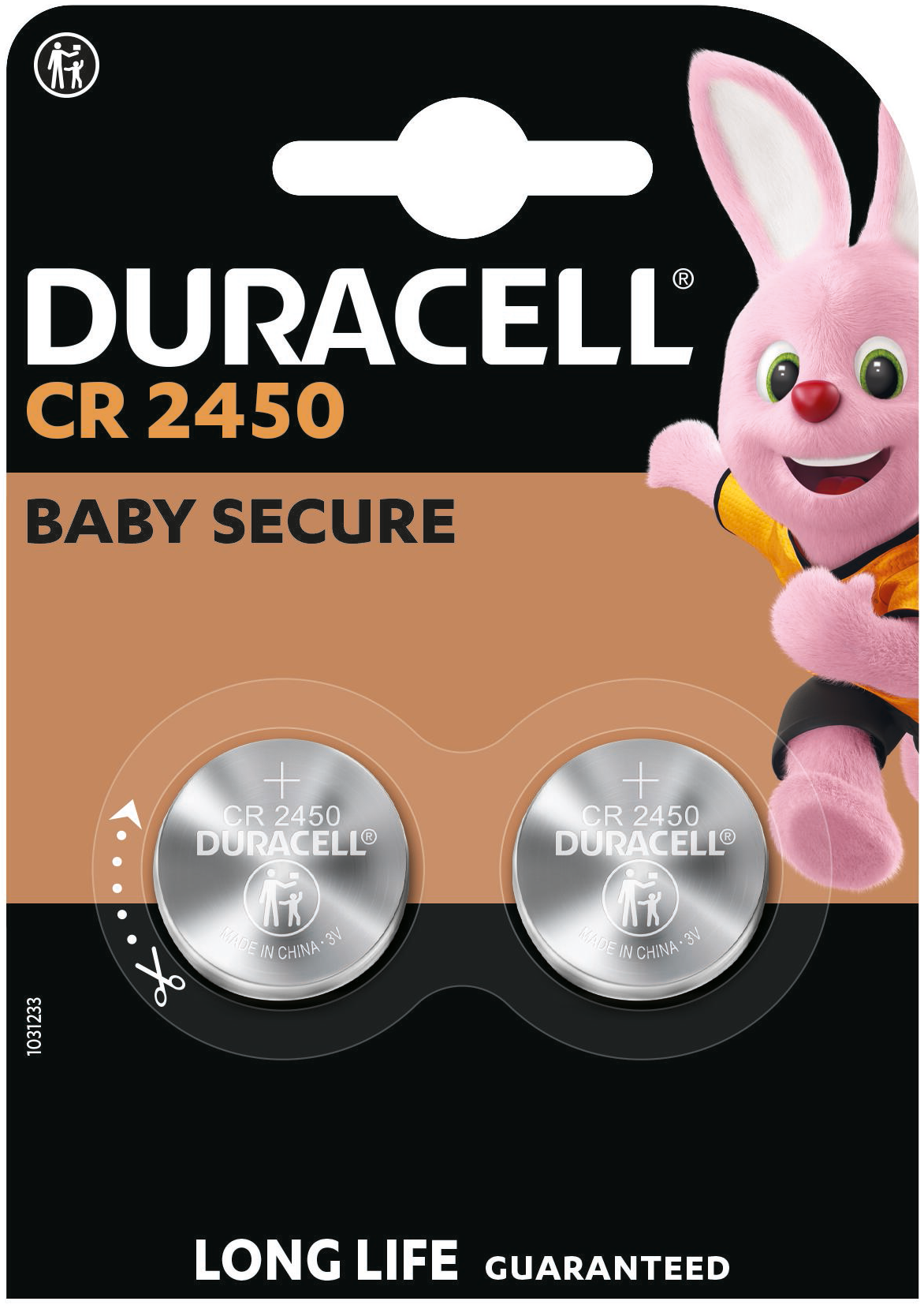 Duracell CR2450 elemek csomagja rózsaszín nyuszival. Az elemek ezüst színűek, fekete és narancssárga felirattal. A szöveg azt mondja: 'Baby Secure'.