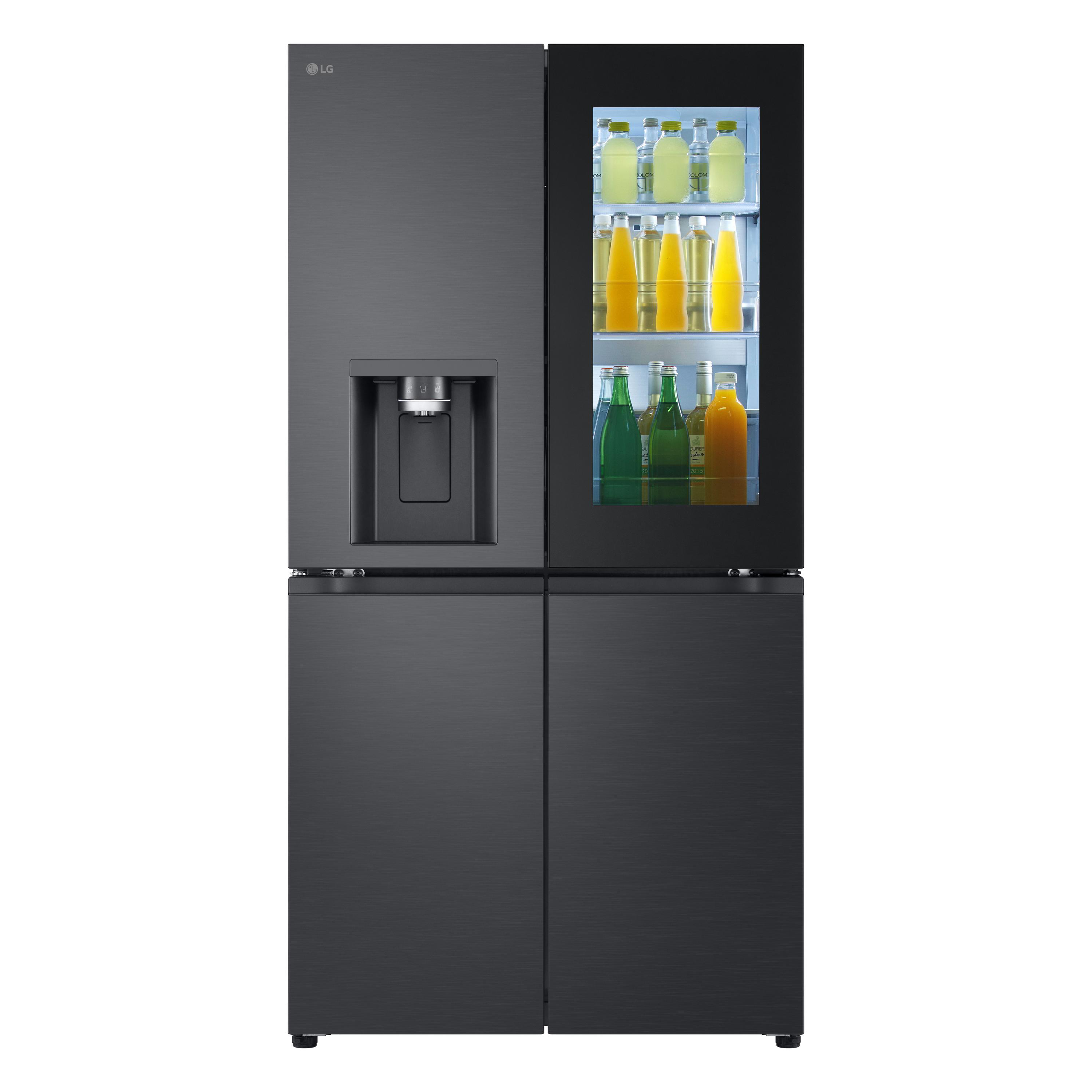 Schwarzer LG-Kühlschrank mit Wasserspender. Er hat eine Glastür mit Getränken.