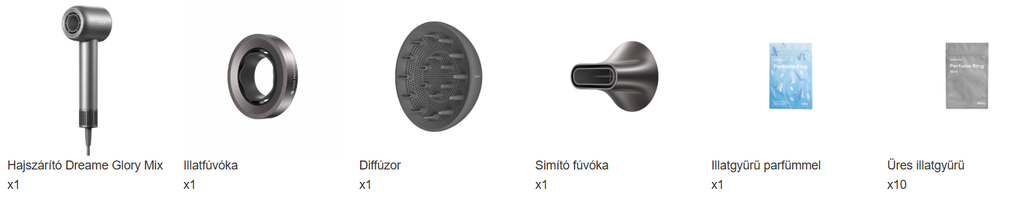 Ezüst hajszárító hosszú nyéllel. Tartozékok: gyűrű, diffúzor, simító fúvóka, illatgyűrűk.