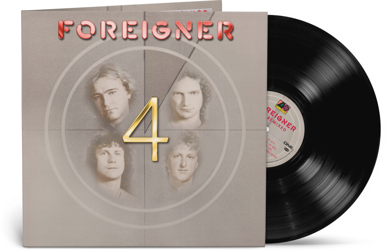 A Foreigner '4' című albumának borítója. A zenekar tagjainak arcát, egy arany '4'-est és egy bakelit lemezt ábrázol.
