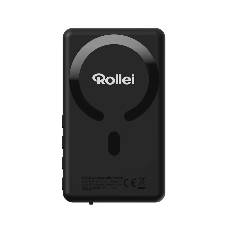 Schwarzer Rollei Selfie-Monitor. Er hat ein kreisförmiges Design mit dem Rollei-Logo und einer kleineren ovalen Form unten.