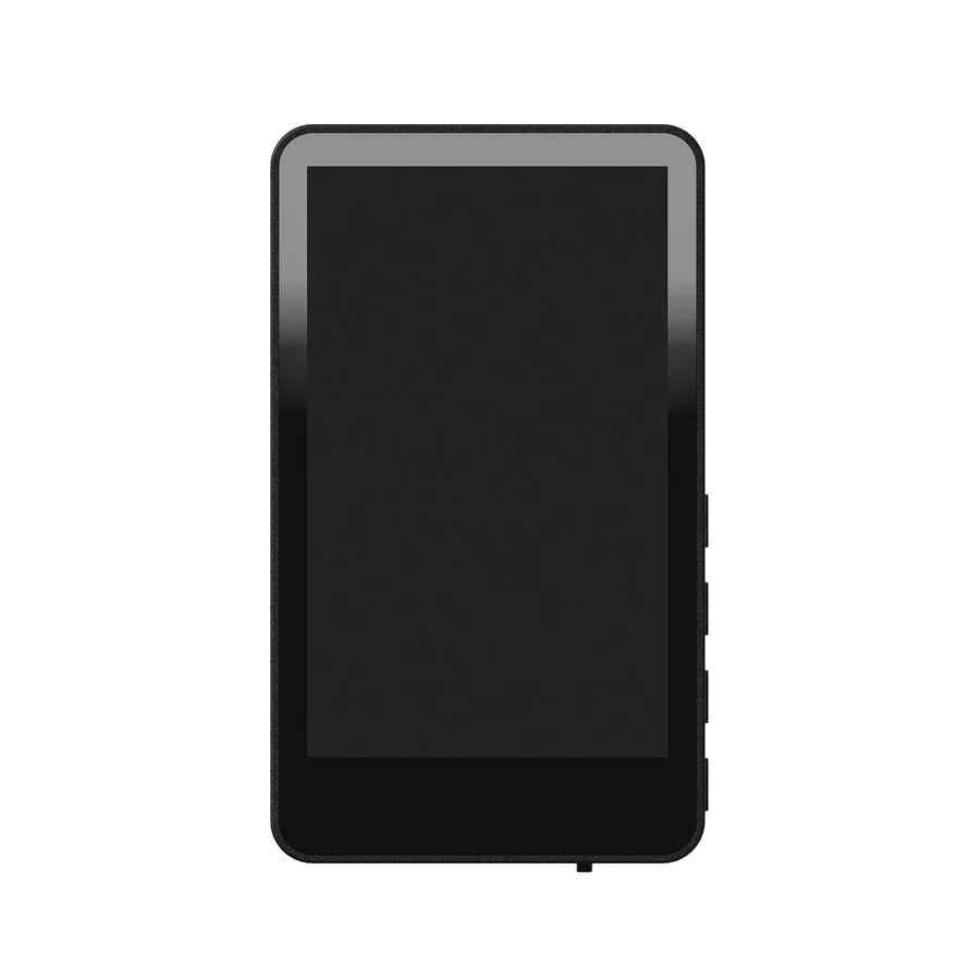 Ein schwarzes Smartphone mit dunklem Bildschirm und grauem Rahmen, vor schwarzem Hintergrund.