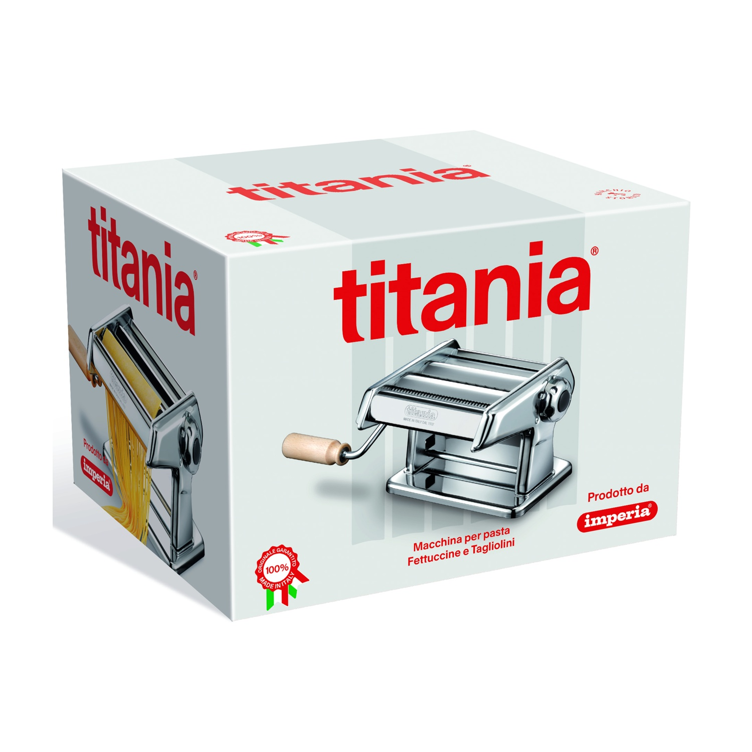 Una scatola bianca mostra una macchina per la pasta argentata con 'titania' in rosso. Dice 'Macchina per pasta' e 'Prodotto da imperia'.