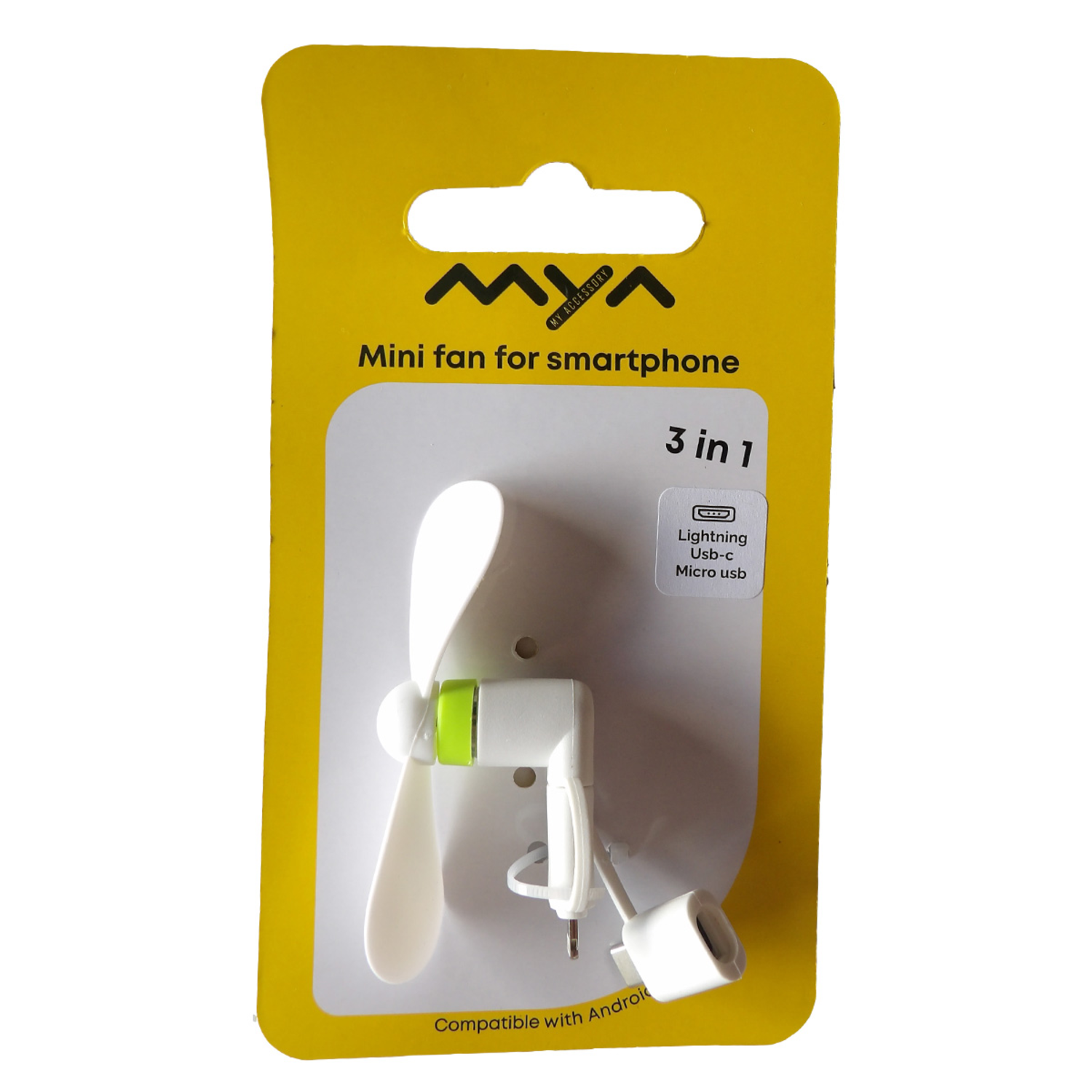 Een verpakte witte mini-ventilator voor smartphones. Het heeft witte bladen, een groen accent en een witte kabel. De verpakking is geel.