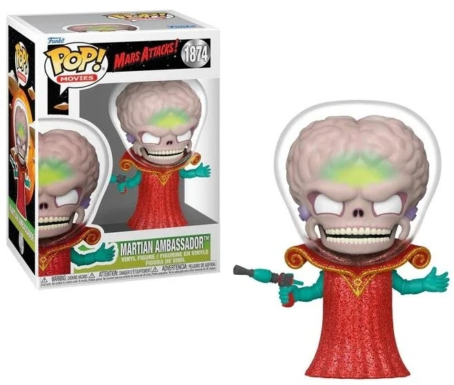 Una figura del Embajador Marciano de Mars Attacks. Tiene un cerebro grande, cara de esqueleto, vestido rojo y una pistola de rayos.