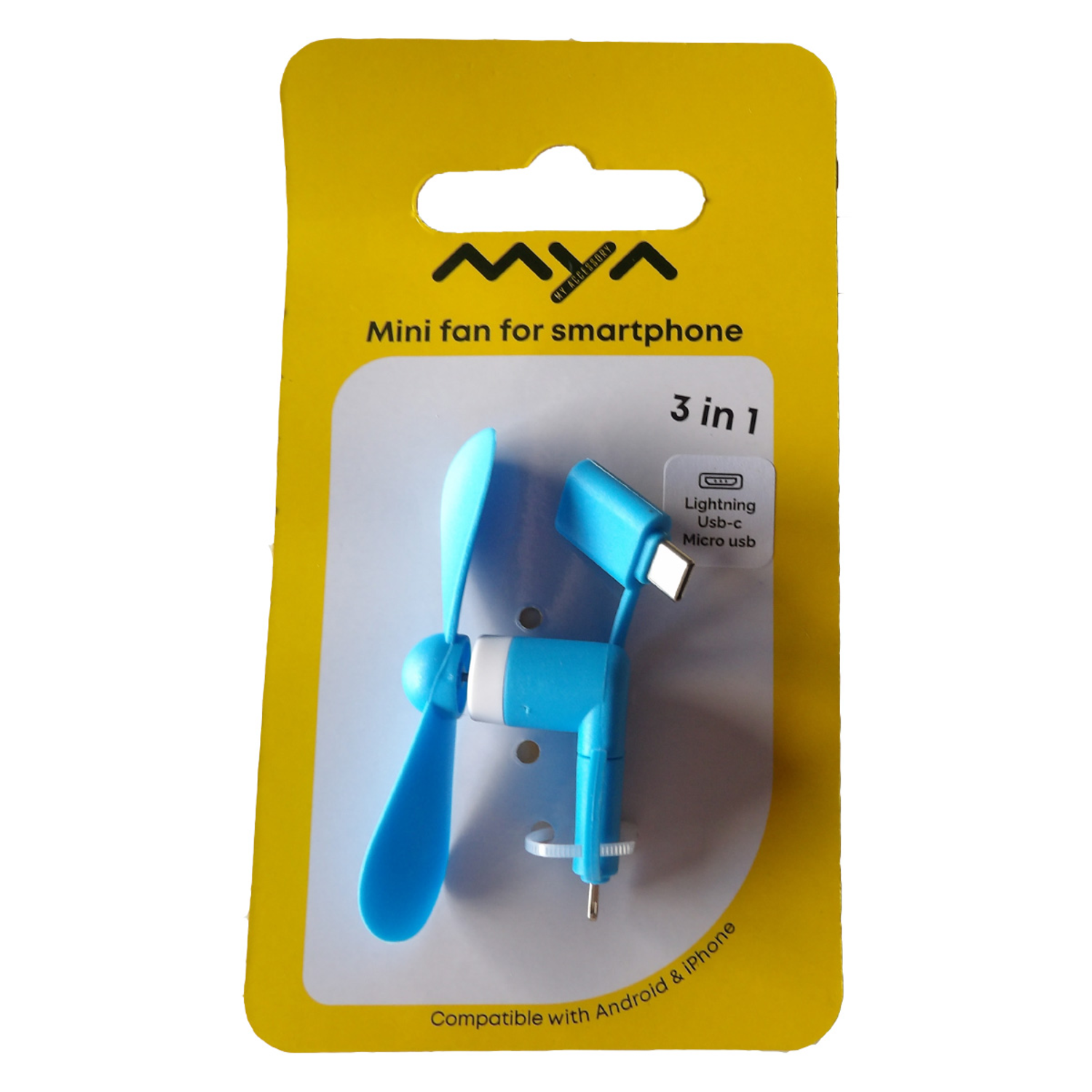 Een blauwe mini-ventilator voor smartphones, 3-in-1, op een gele kaart met tekst die compatibiliteit met Android & iPhone aangeeft.