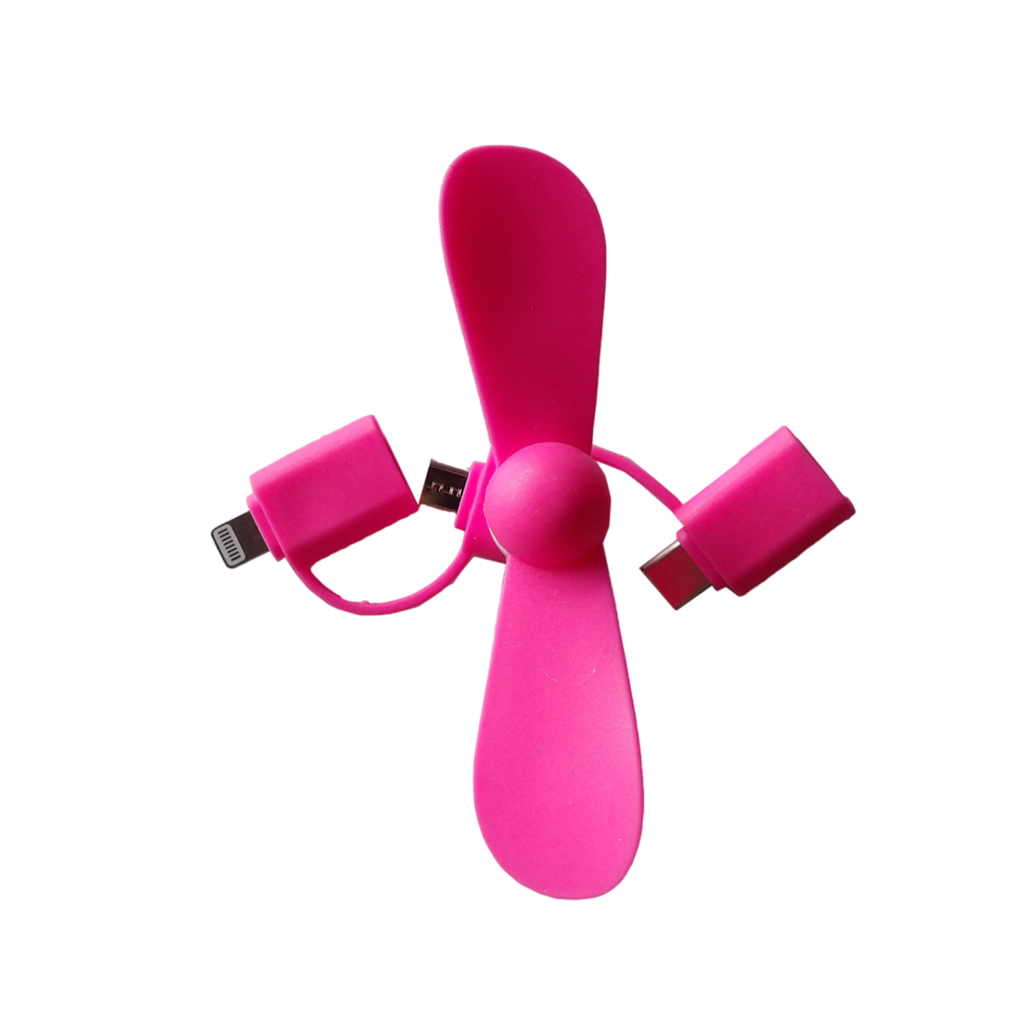 Roze draagbare ventilator met drie bladen en oplaadpoorten. USB-C, Micro-USB en Lightning connectoren.