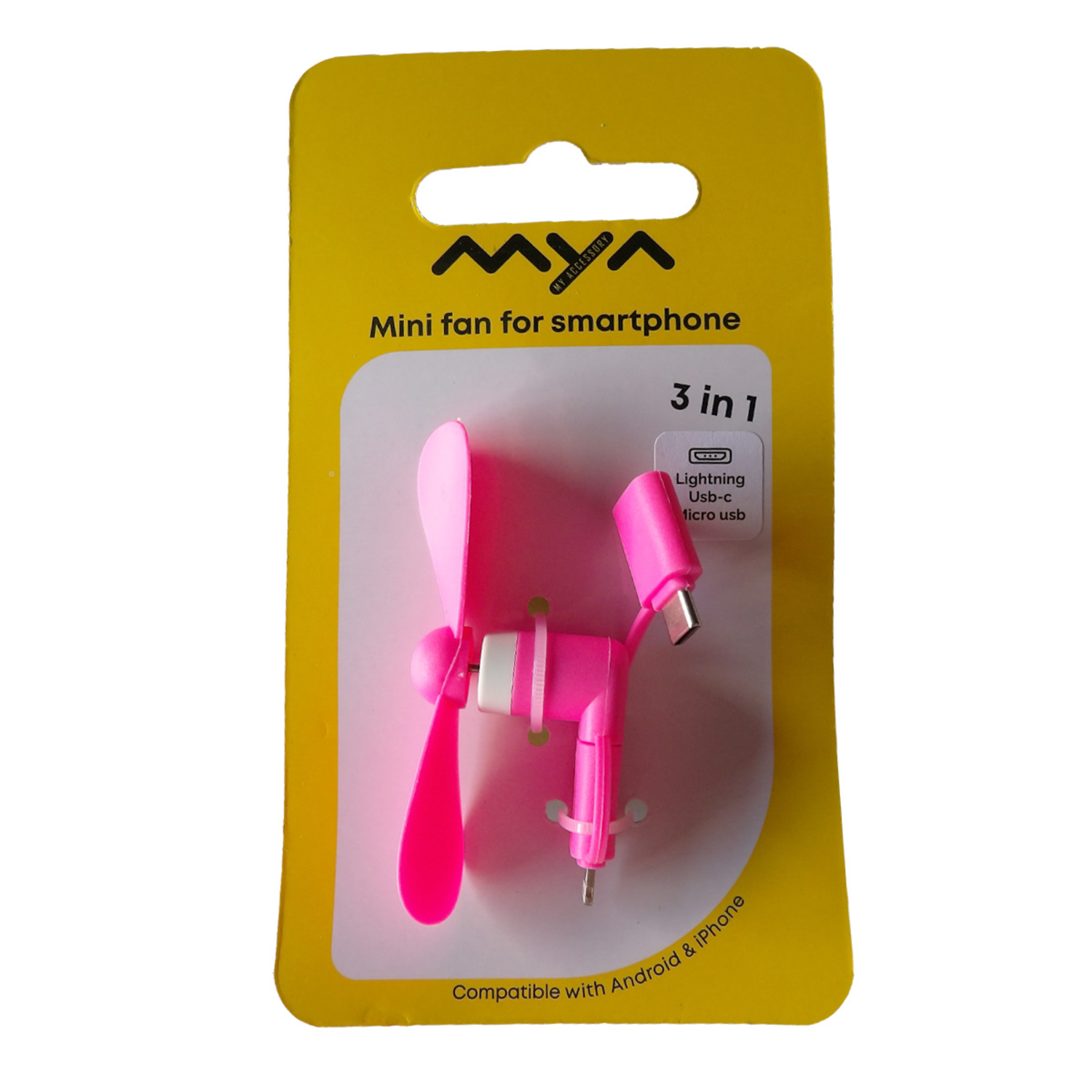 Roze smartphone-ventilator in een gele verpakking. Hij heeft Lightning-, USB-C- en micro-USB-aansluitingen. Op de verpakking staat 'Mini ventilator voor smartphone'.