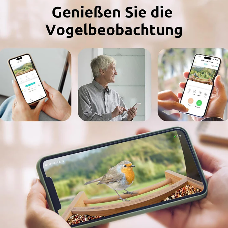 Person hält Handy mit Vogelfutterhaus und Vogel. Zwei weitere Handys und ein Mann sind ebenfalls zu sehen.