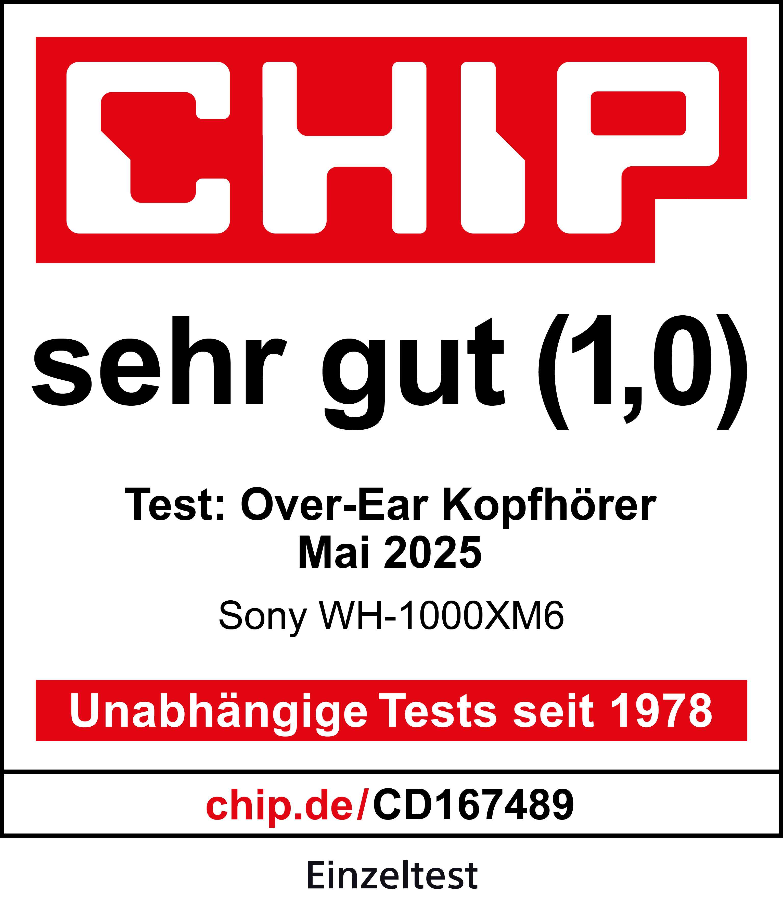 Weißer Hintergrund mit rotem 'CHIP'-Logo, Text 'sehr gut (1,0)' und Produktdetails für Sony-Kopfhörer.