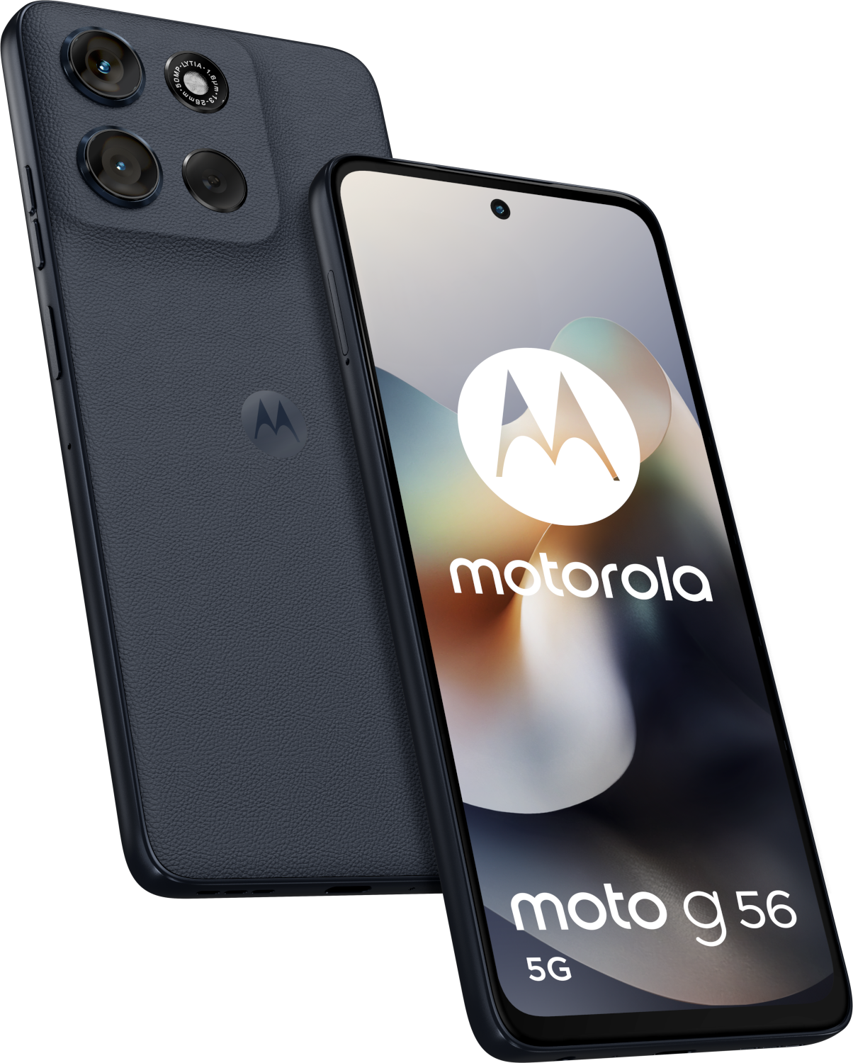 Motorola Moto g56 5G telefoon. Donkerblauwe kleur. De achterkant van de telefoon heeft drie camera's. Het scherm toont het Motorola-logo.