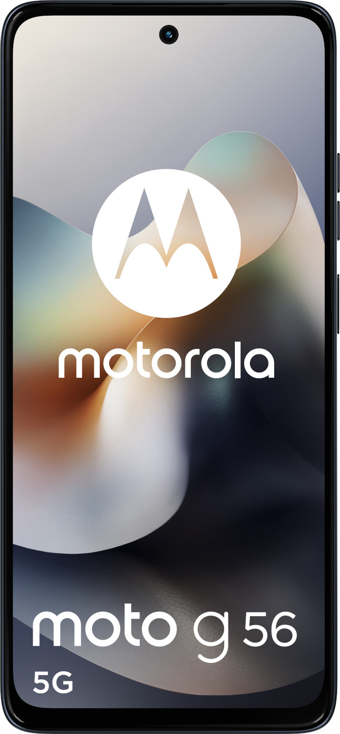 Motorola Moto G56 5G smartphone. Het scherm toont het Motorola-logo en de naam van de telefoon. De telefoon is zwart.
