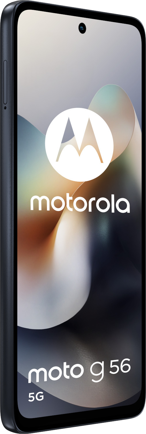 Een Motorola Moto G 56-telefoon wordt getoond. De telefoon is zwart en heeft het Motorola-logo en de tekst 'moto g 56 5G'.