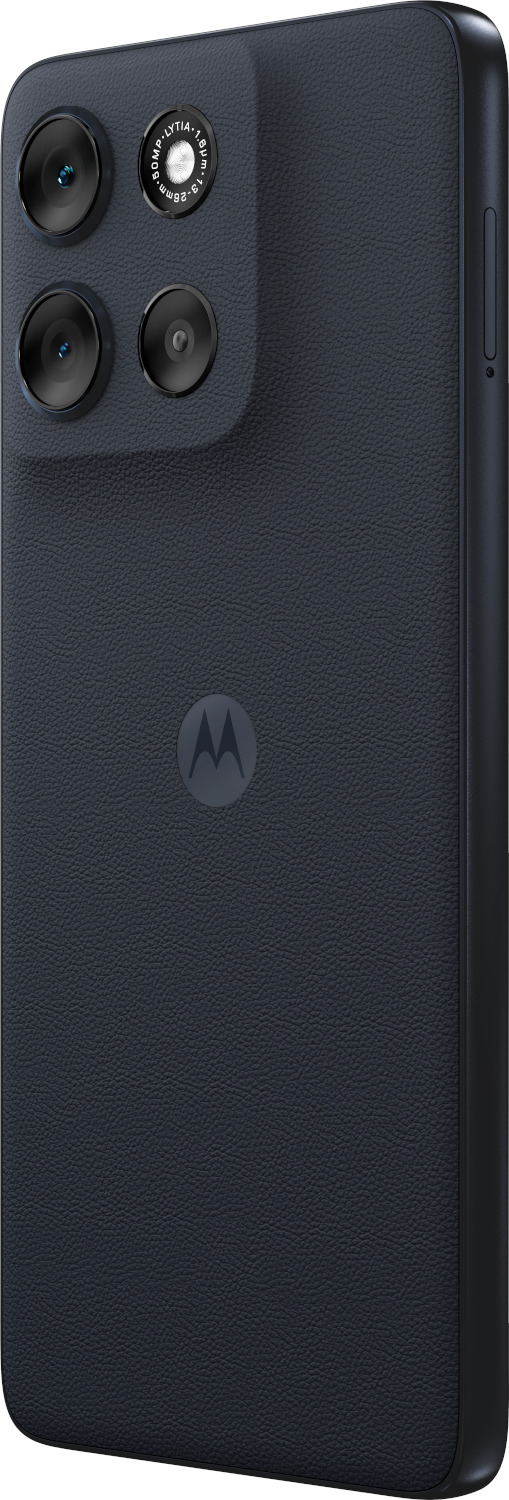 Achterkant van een donkerblauwe smartphone met meerdere cameralenzen en een Motorola-logo.