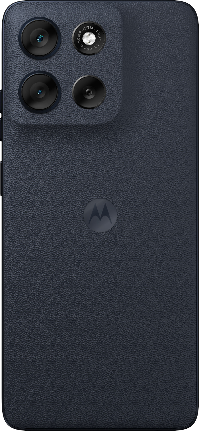 Donkerblauwe smartphone achterkant met cameralenzen en Motorola logo. De textuur lijkt op leer.