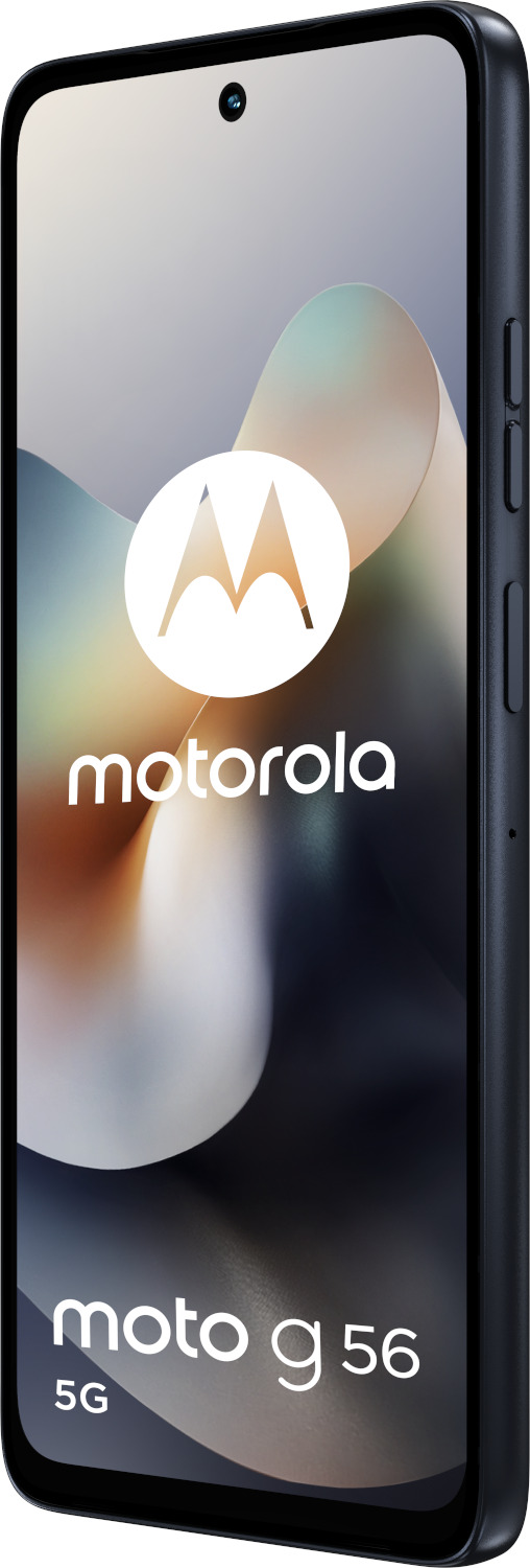 Motorola Moto G 56 5G smartphone. De telefoon is zwart met een scherm met het logo en een golvende achtergrond.