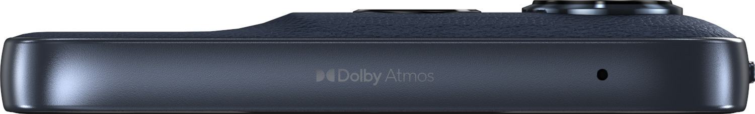 Een donkerblauw apparaat met een getextureerde bovenkant. Het heeft een Dolby Atmos-logo en een klein gaatje. Het apparaat heeft een metallic afwerking.