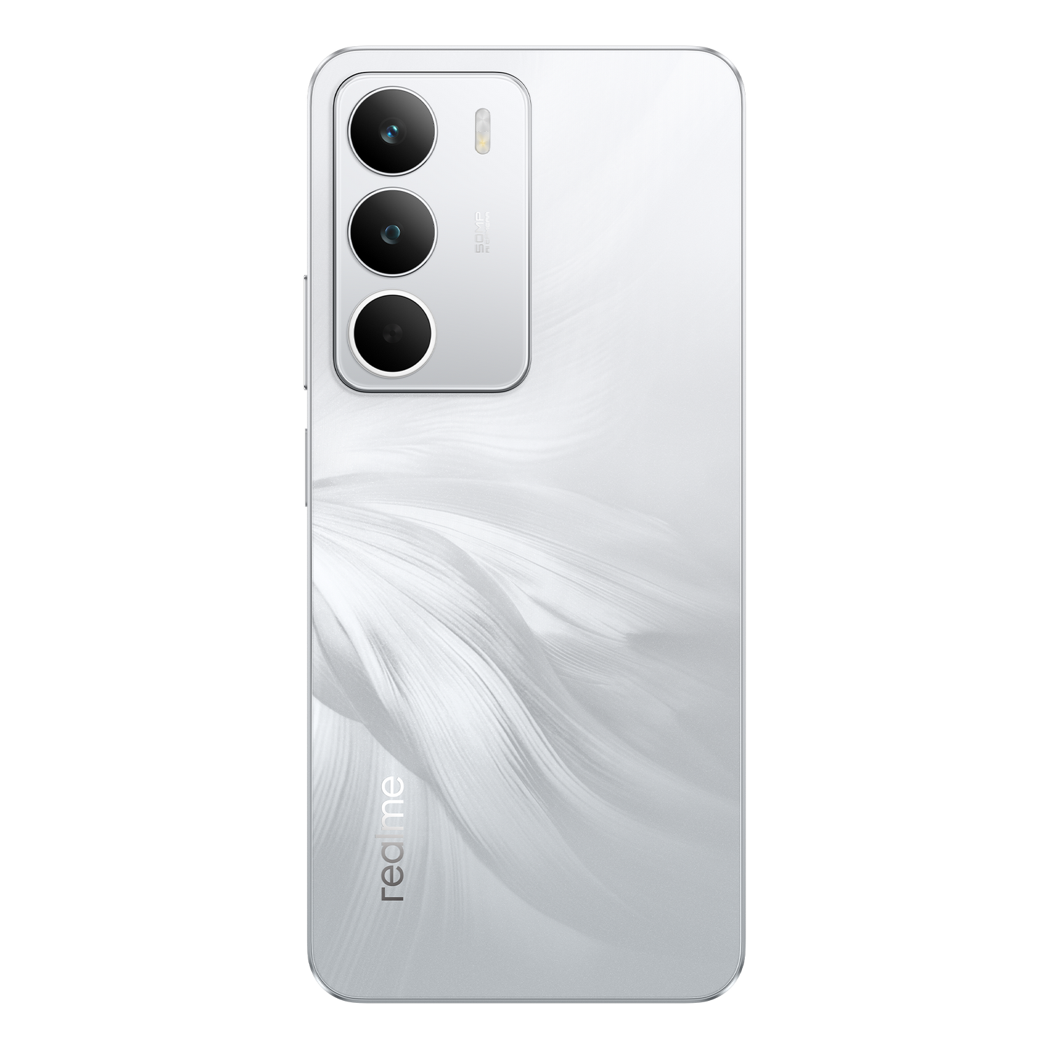 Un smartphone blanco con tres lentes de cámara y el logotipo de Realme. La parte trasera tiene un diseño similar a plumas.
