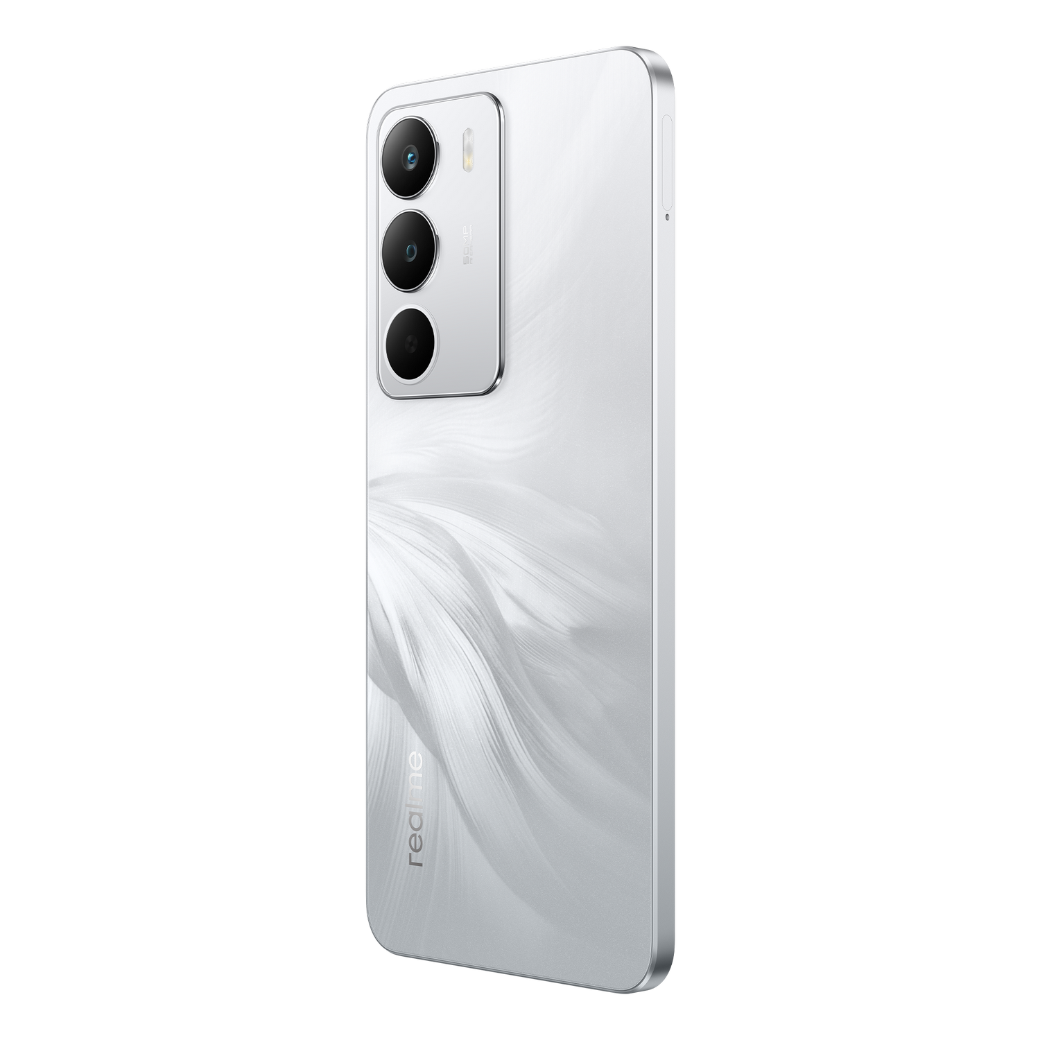 Un teléfono inteligente blanco con tres cámaras. La parte trasera tiene un diseño de plumas. El teléfono está sobre un fondo gris.