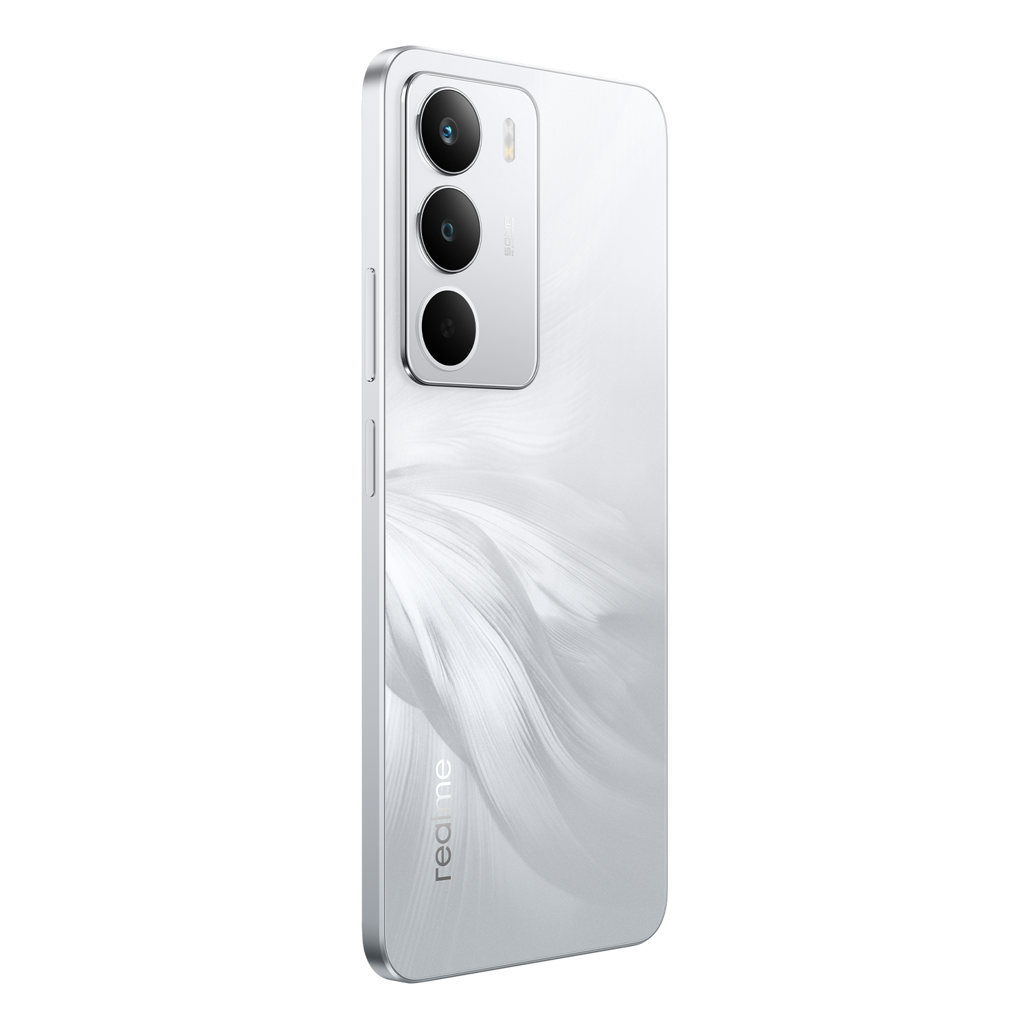 Un smartphone blanco con triple cámara se muestra sobre un fondo gris, tiene el logo "realme".