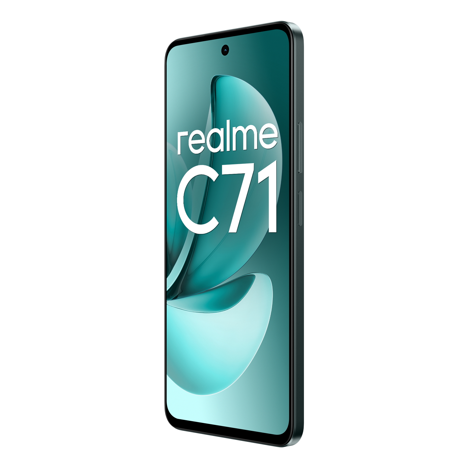 Smartphone Realme C71 sobre un fondo gris. El teléfono tiene una pantalla verde azulado con el logotipo de Realme y el texto C71.