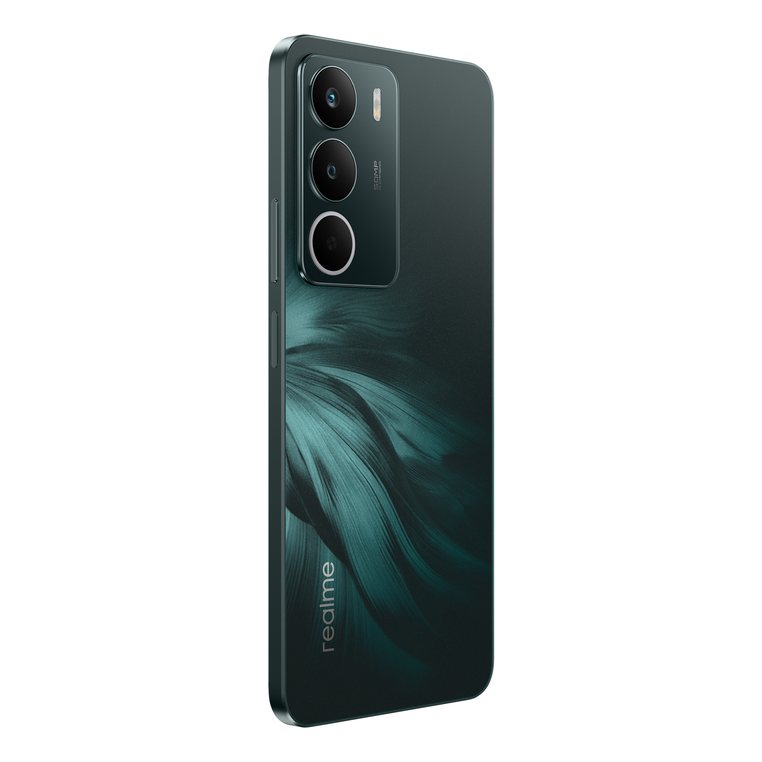 Un smartphone Realme de color verde azulado, en ángulo hacia la derecha, sobre un fondo gris. Tiene tres lentes de cámara y un diseño de pluma estilizada.