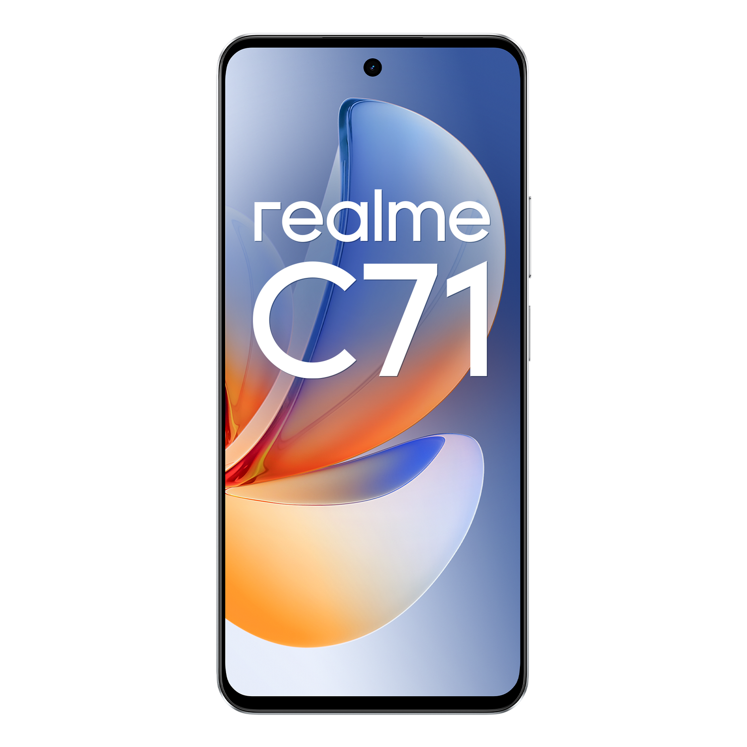Smartphone Realme C71 sobre fondo gris. La pantalla muestra un diseño abstracto colorido con el logo de Realme y C71.