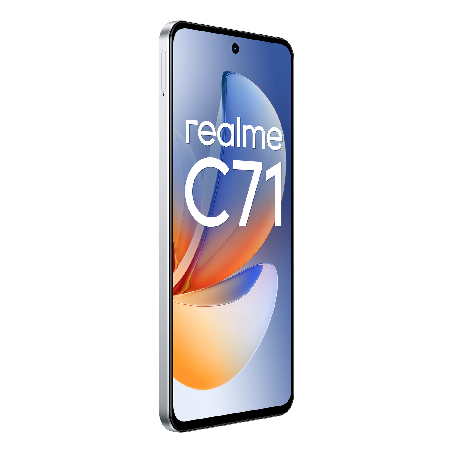 Un smartphone Realme C71. La pantalla muestra el logotipo de Realme y el modelo C71. El fondo es degradado azul y naranja.