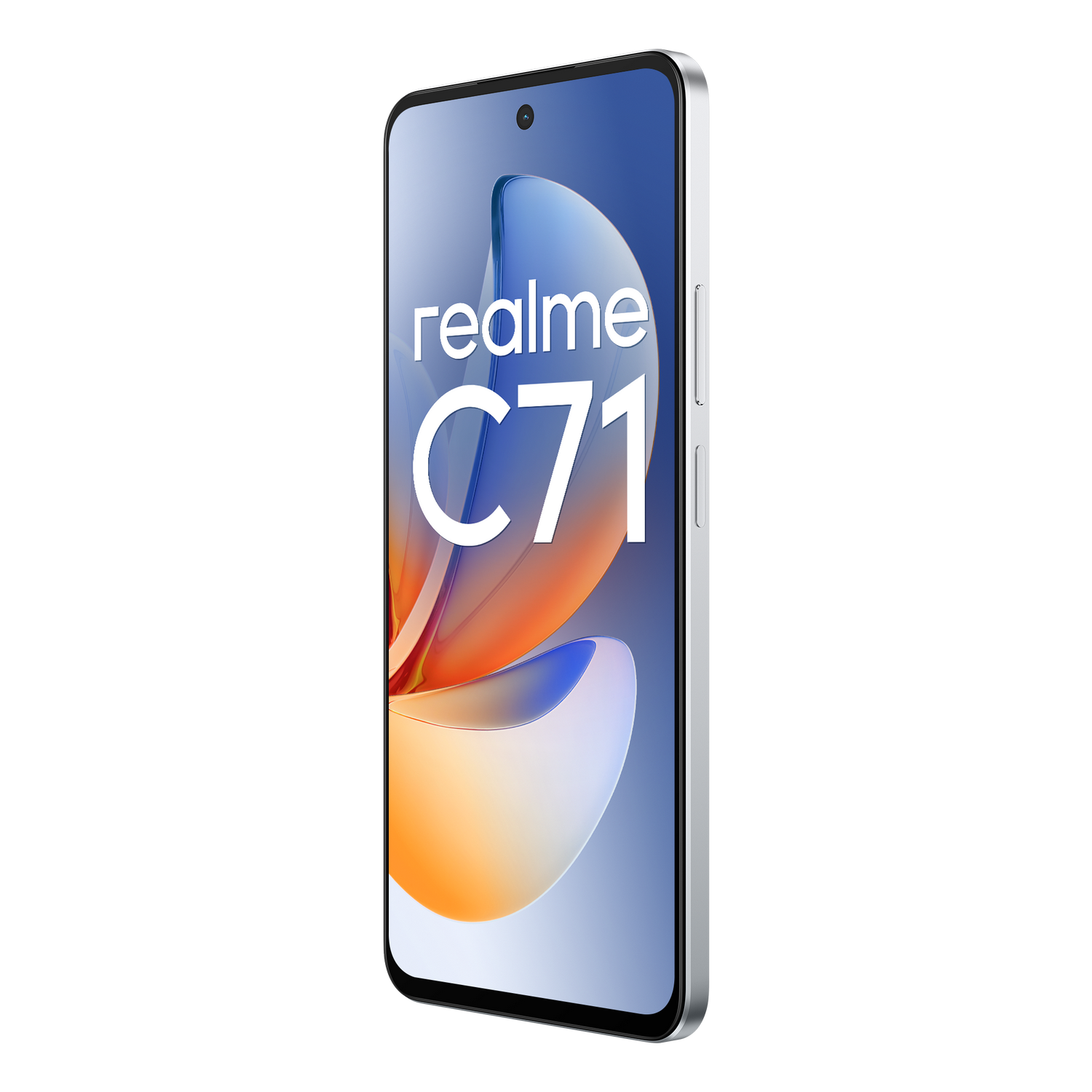 Un smartphone Realme C71 plateado con una pantalla azul, naranja y blanca sobre un fondo gris. El teléfono está inclinado hacia la derecha.
