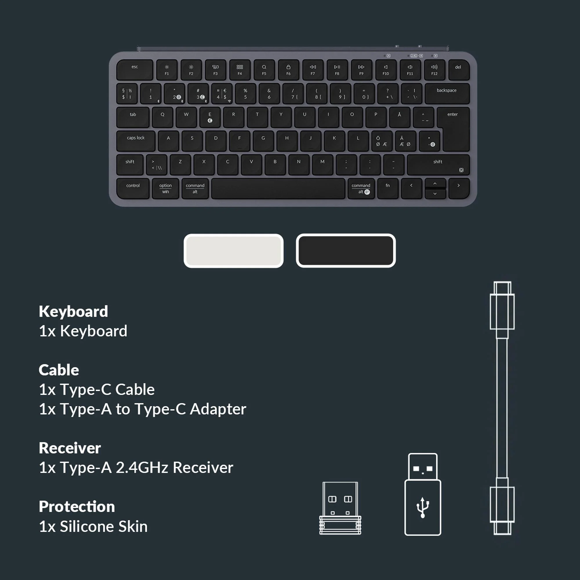 Tastatur, Kabel, Adapter, Empfänger und Silikonhaut werden angezeigt. Der Hintergrund ist dunkel.