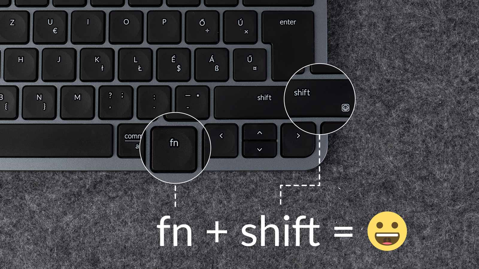 Tastatur mit hervorgehobenen Fn- und Shift-Tasten. Die Kombination ergibt ein Smiley-Gesicht.