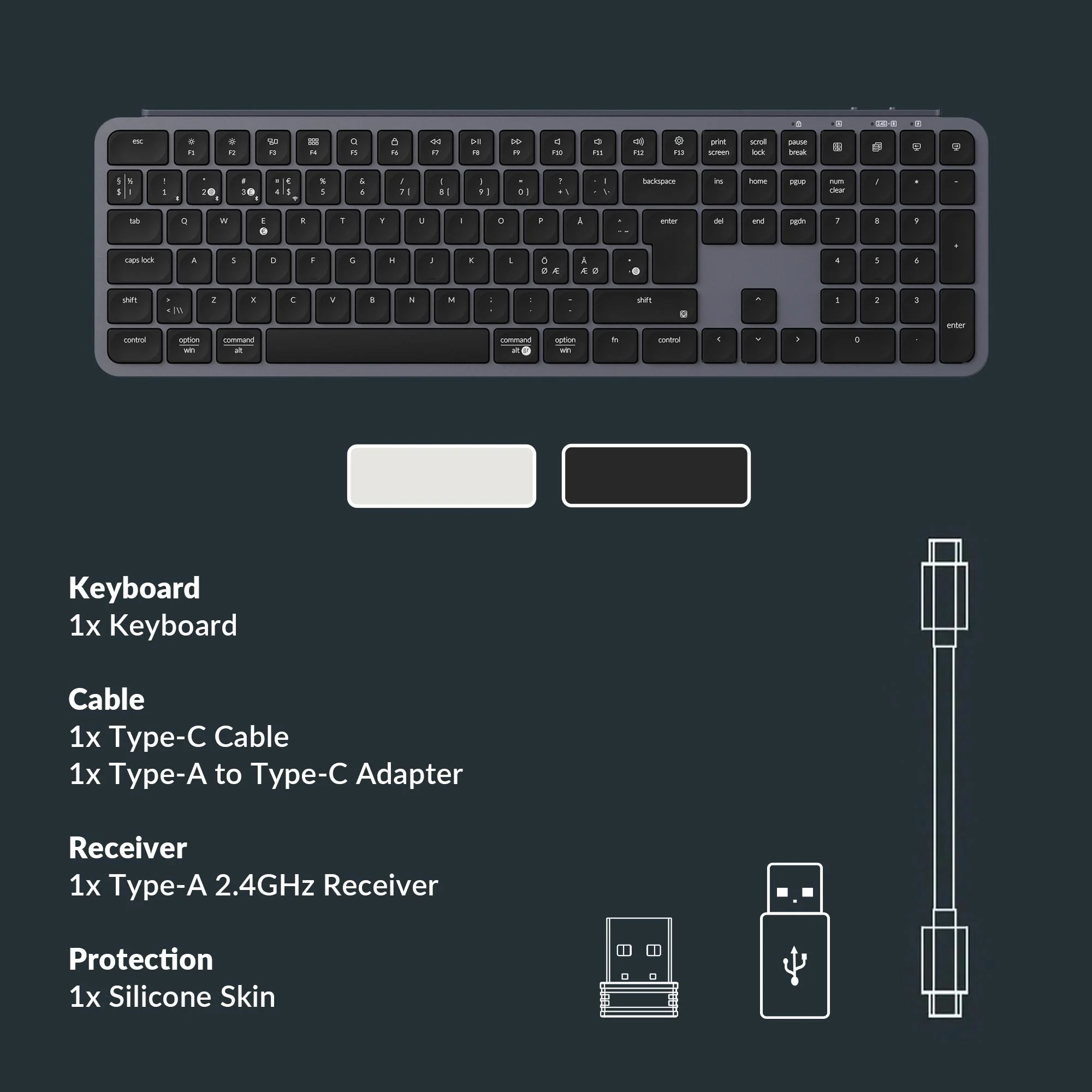 Bild von Tastatur, Kabel, Empfänger und Silikonhaut. Tastatur hat Tasten, Kabel ist USB, Empfänger ist USB und Haut dient zum Schutz.