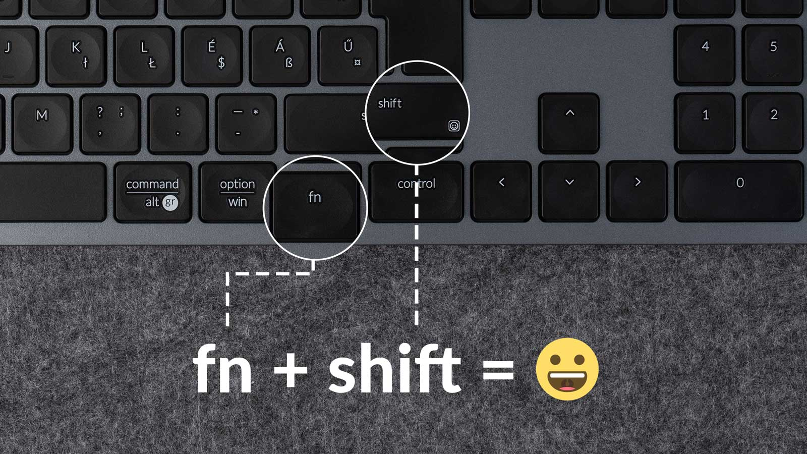 Eine Tastatur mit hervorgehobenen Tasten 'fn' und 'shift'. Die Kombination ergibt ein Smiley-Gesicht.