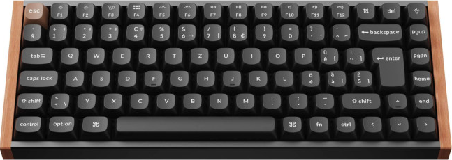 Eine mechanische Tastatur mit schwarzen Tasten und weißen Beschriftungen. Sie hat einen Holzrahmen und eine silberne Basis.