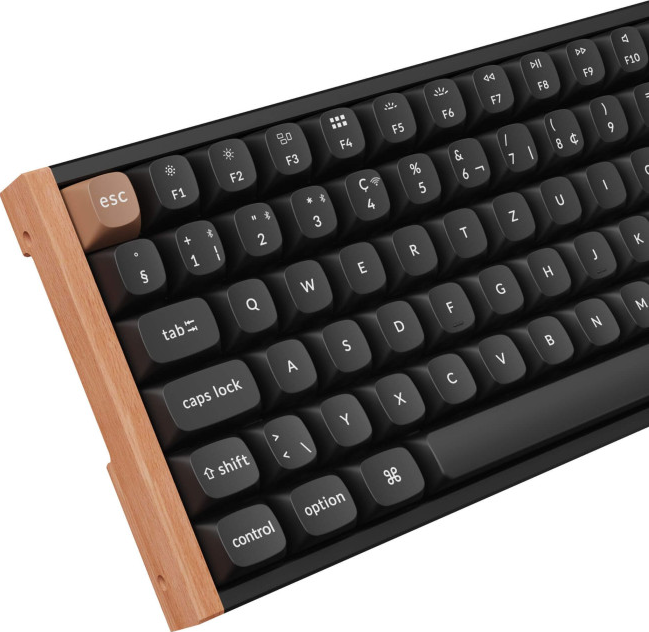 Nahaufnahme einer schwarzen Computertastatur mit weißer Beschriftung. Sie hat einen Holzrahmen an der Seite. Die Esc-Taste ist beige.
