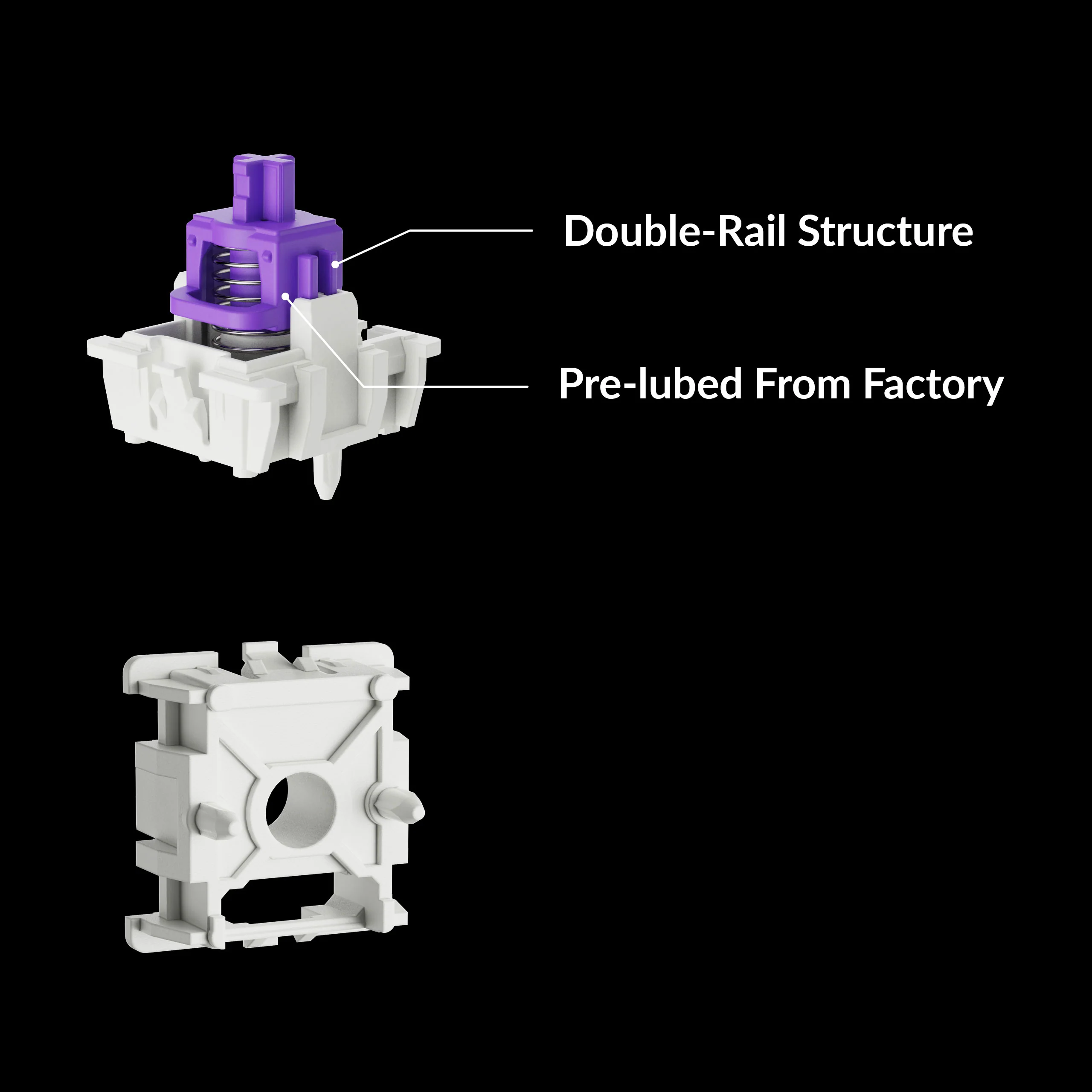 Ein weißer Tastaturschalter mit lila Stiel. Der Schalter ist mit 'Double-Rail Structure' und 'Pre-lubed From Factory' beschriftet.