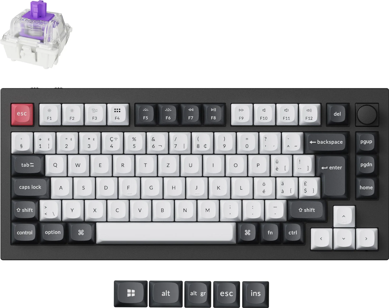 Schwarze Tastatur mit weißen und grauen Tasten. Oben links ein lila Schalter. Zusätzliche Tasten unten.