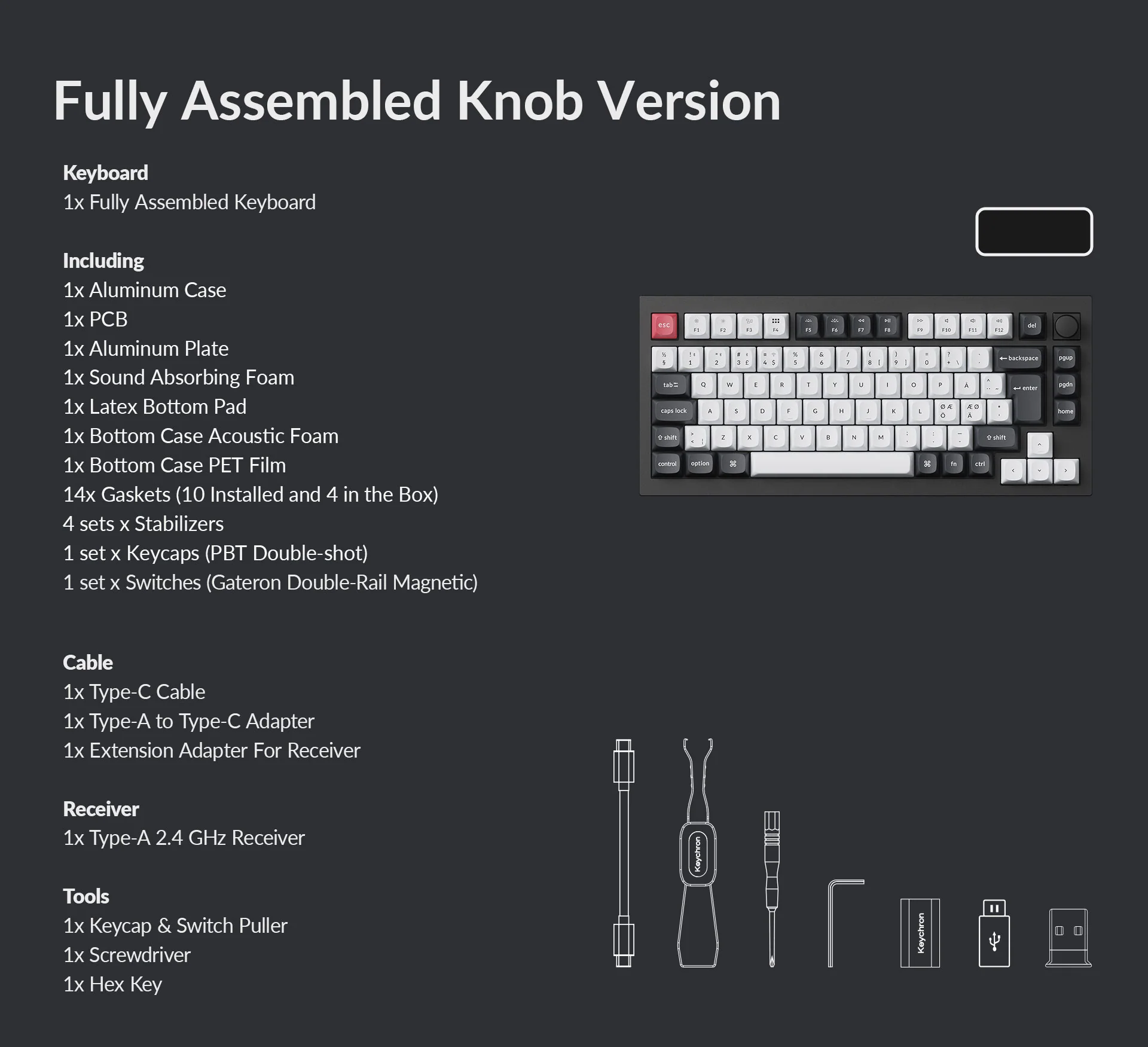 Das Bild zeigt eine vollständig montierte Tastatur, einschließlich Komponenten wie Gehäuse, Platte, Schaumstoff, Tastenkappen, Schaltern, Kabeln und Werkzeugen.